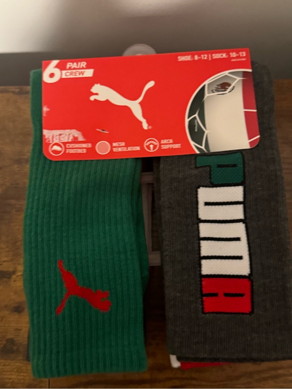 Puma Men’s Mexico Crew Athletic Socks - Green & Gray with Red Logo, 6-Pack